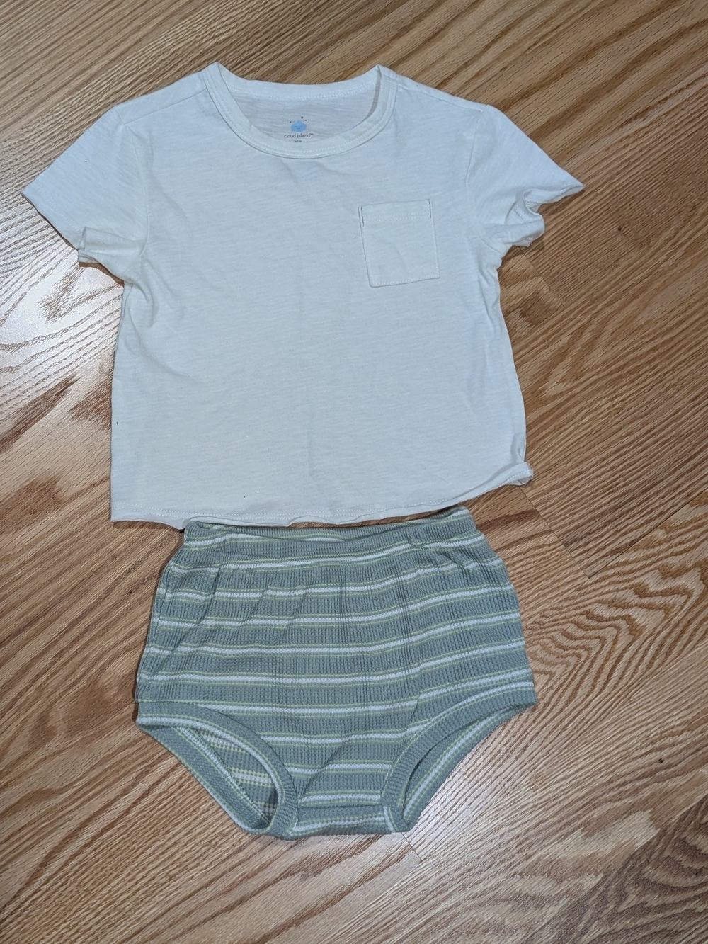 Cloud Island White Tee and Sage Striped Set